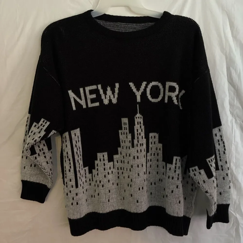 VTG Sweater New York Graphic Knit Pullover Crewneck Black Long Sleeve USA Made